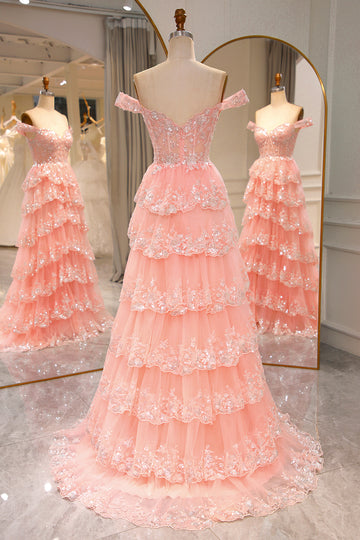 Blush Tulle A Line Corset Prom Dress with Beading